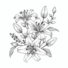 Lily flowers branch with flowers and buds vector illustration on white background