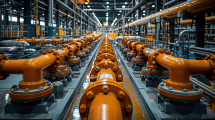 Gray and orange shiny metallic steel factory room gas or water round tube valve pipes industrial technology installation photography. Pipeline indoors equipment system structure.