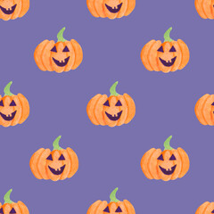 Watercolor illustration of pumpkins. Seamless pattern for Halloween on purple background.