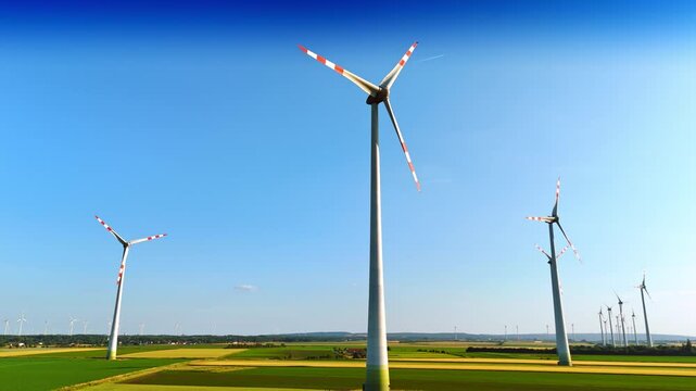 Wind turbines in a sunny rural landscape. Tall wind turbines rise against a blue sky above green fields, highlighting renewable energy in a serene countryside.