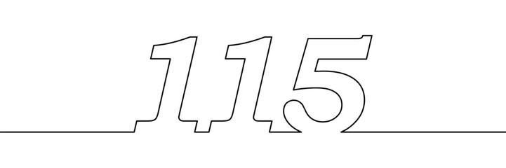Number 115 drawn in continuous single line style. Minimalist contour numeric illustration. Anniversary, milestone, and birthday concept. Template element for design and print