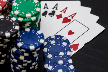 Casino chips and cards on the table. Gambling concept