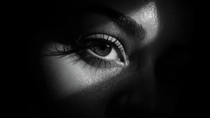 Close-up woman eye black and white portrait dramatic lighting face