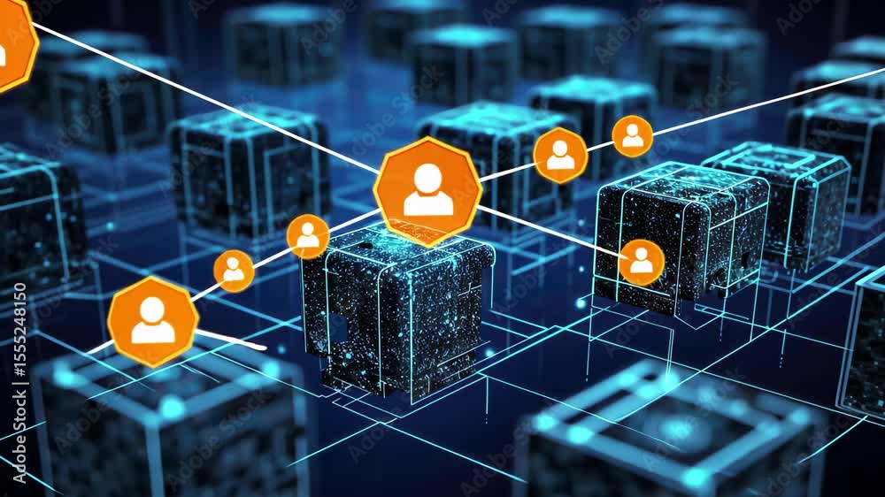 Poster abstract network connection security concept with person icon on cube connecting to data blocks on b