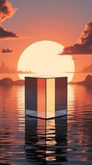 Geometric prism on water at sunset ocean reflection