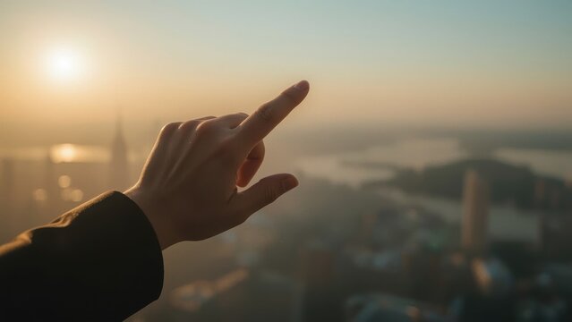 Hand reaching out blurred cityscape sunset background urban view horiz