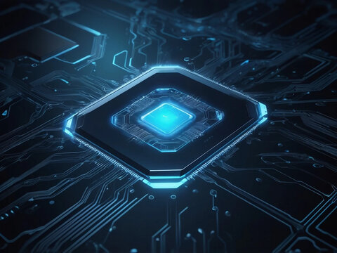 Abstract close-up of glowing microchip floating in digital space, modern tech background for design use.