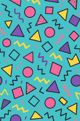 Retro 80s pattern with colorful geometric shapes and squiggles on purple, perfect for trendy designs or backgrounds.