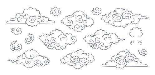 Line drawing Asian clouds collection isolated, blue outline on transparent. Hand drawn vector illustration. Chinese, Japanese, Korean design elements, clip art set. Traditional Buddhist thangka art