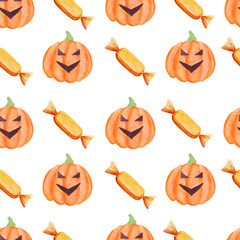 Watercolor illustration for Halloween. Seamless pattern with orange pumpkin and candies on a white background.