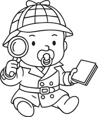 Baby Detective: Adorable baby in detective costume with magnifying glass and files.