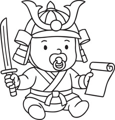 Samurai Baby's Calligraphy: A charming illustration of a baby dressed as a samurai, holding a sword in one hand and a scroll in the other, ready to master the art of calligraphy.