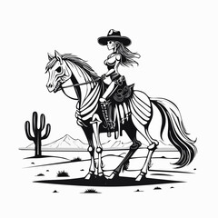 Fototapeta premium Cowboy Skull Riding a Skeletal Horse Across the Desert in a Western Vector Scene
