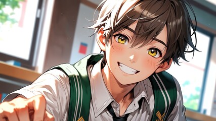 Young boy in white background, looking cute in high school uniform and giving hopeful vibes have a cute happy smile