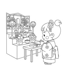 Cute cartoon girl in kimono praying at a traditional japanese altar isolated on transparent background