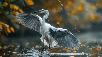 Great white and black heron or stork bird standing in river lake pond swamp water. Fauna nature wildlife animal with beak and spread wings, large avian outdoor.