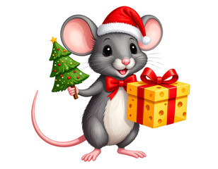 Cute mouse with Christmas cheese gift, transparent background