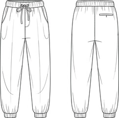 CAD vector illustration of jogger pants front and back view, flat fashion sketch, technical drawing, casual wear design, garment template