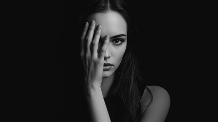 Fototapeta premium Moody woman black and white portrait hand covering face expression emo