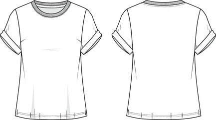 CAD vector illustration of women’s rolled sleeve t-shirt front and back view, flat fashion sketch, casual wear, technical garment drawing