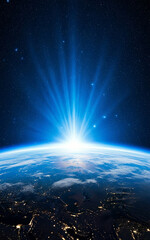 Earth’s curvature is seen clearly as sunlight rises from behind, creating dramatic atmosphere in deep space. 
