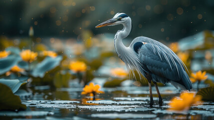 Great white and black heron or stork bird standing in river lake pond swamp water. Fauna nature wildlife animal with beak and spread wings, large avian outdoor.