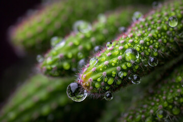 Cactus details with water droplets showcasing nature's beauty in a close-up capture of vibrant green spines and moisture