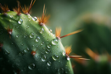 Close-up of a cactus covered in water droplets glistening under soft natural light in a desert setting