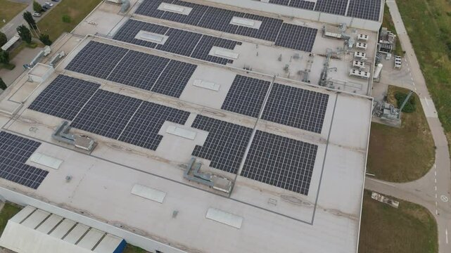 Roof of a modern warehouse in Trnava, Slovakia. Roof with solar panels