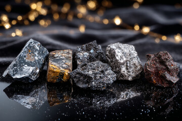 Various types of minerals and rocks displayed on a reflective surface with blurred golden lights in the background