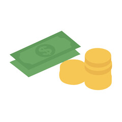Stacks of us dollar bills and gold coins vector art design 