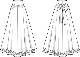 High waisted maxi skirt technical flat drawing with waist tie bow, flare hemline details, fashion cad vector illustration for design