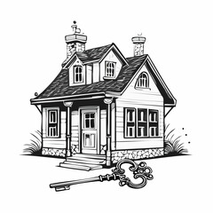 Real Estate Business Concept Featuring Mini House and Key Symbol in Vector Style
