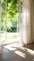 Sunlight streams through open French doors into a room