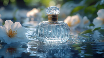  Perfume, botanical flowers, top, premium, natural background with water surface, minimalistic color scheme.