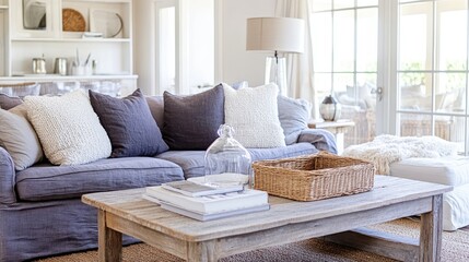 Light-filled living room with a cozy, upholstered sofa and wooden coffee table.