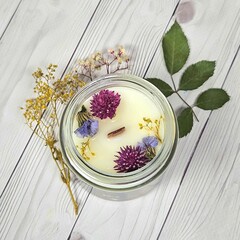 Soy candle decorated with dried flowers on white wooden background