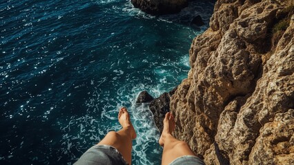 Man's feet dangling over rugged brown cliff, blue ocean below, adventu
