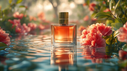  Perfume, botanical flowers, top, premium, natural background with water surface, minimalistic color scheme.