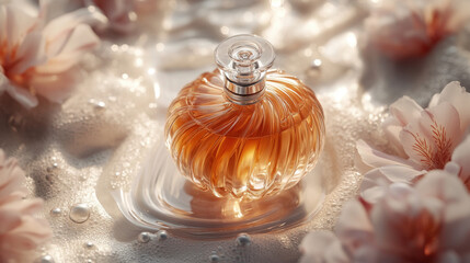  Perfume, botanical flowers, top, premium, natural background with water surface, minimalistic color scheme.