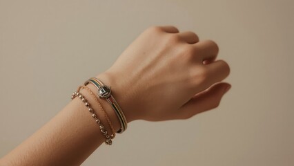 Woman hand with silver bracelets close-up, minimalistic style, jewelry