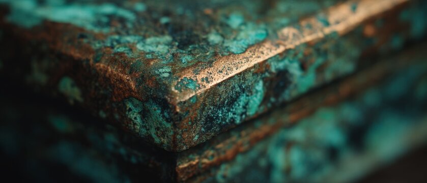Close-up of vibrant verdigris patina on metal, revealing beauty in corrosion and the passage of time.