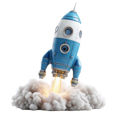 Rocket ship launching with smoke and flames on transparent background.