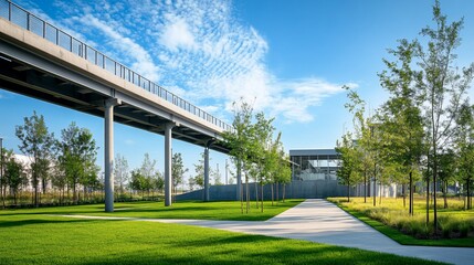 Modern urban park with elevated walkway under a bright sky