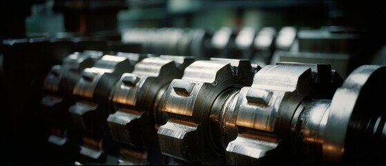 Industrial machinery gears shine with metallic precision, intricate designs reflecting light, symbolizing strength and meticulous craftsmanship.