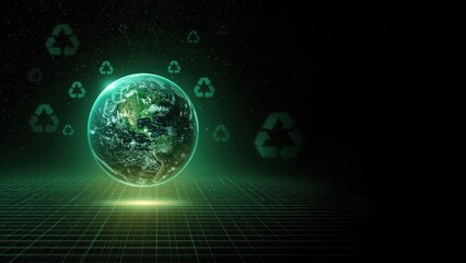 Earth globe eco concept glowing on digital grid environmental protection green technology background for sustainability, conservation, climate change, nature, and clean energy themes