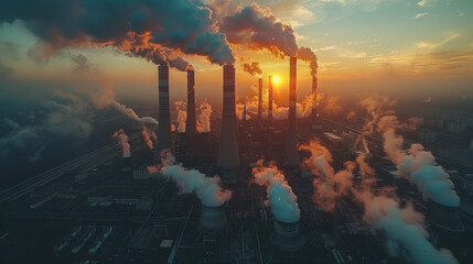 High-angle static shot: The camera captures a sprawling panorama of a coal-fired power plant․ An overcast sky, starkly illustrating the industrial magnitude.