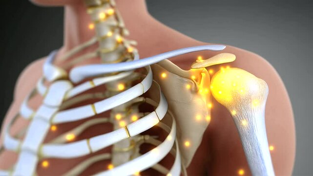 D cutaway visualization of the shoulder girdle, showing joint capsule, bursa, and bone alignment. Educational emphasis on pain sites and cartilage degeneration. Presented in a cla