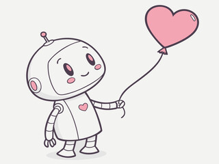 Obraz premium Minimalist Flat Design of Cute Humanoid Robot with Heart Balloon Standing Cheerfully