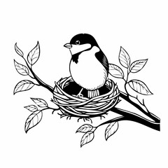 Bird sitting on nest and looking around in the forest image vector isolated on white background.